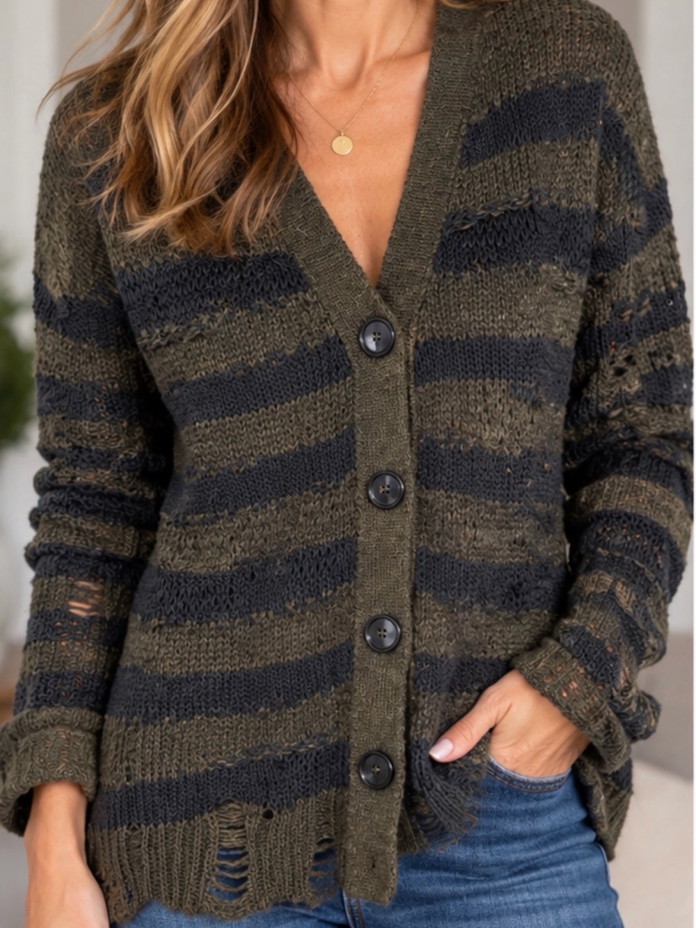 Acne Striped Olive & Black Button-Front Cardigan